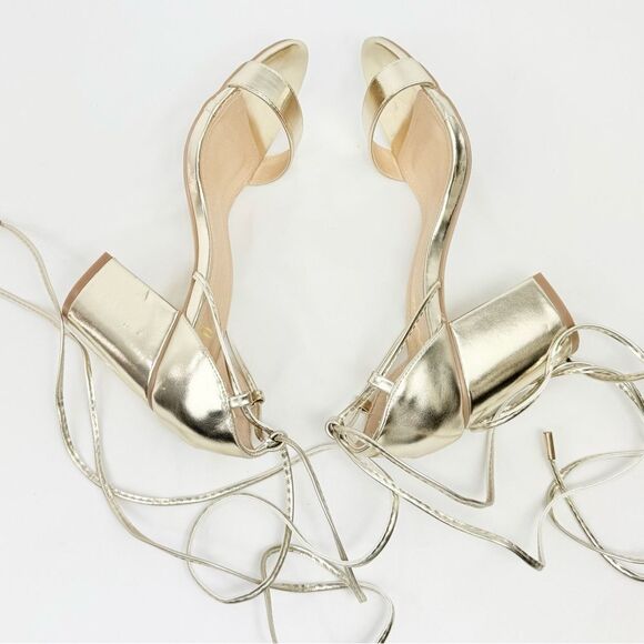 Lulus KAIRA Metallic Gold Open Toe Cord Wrap Ankle Tie Block Heel Sandals - Picture 10 of 16
